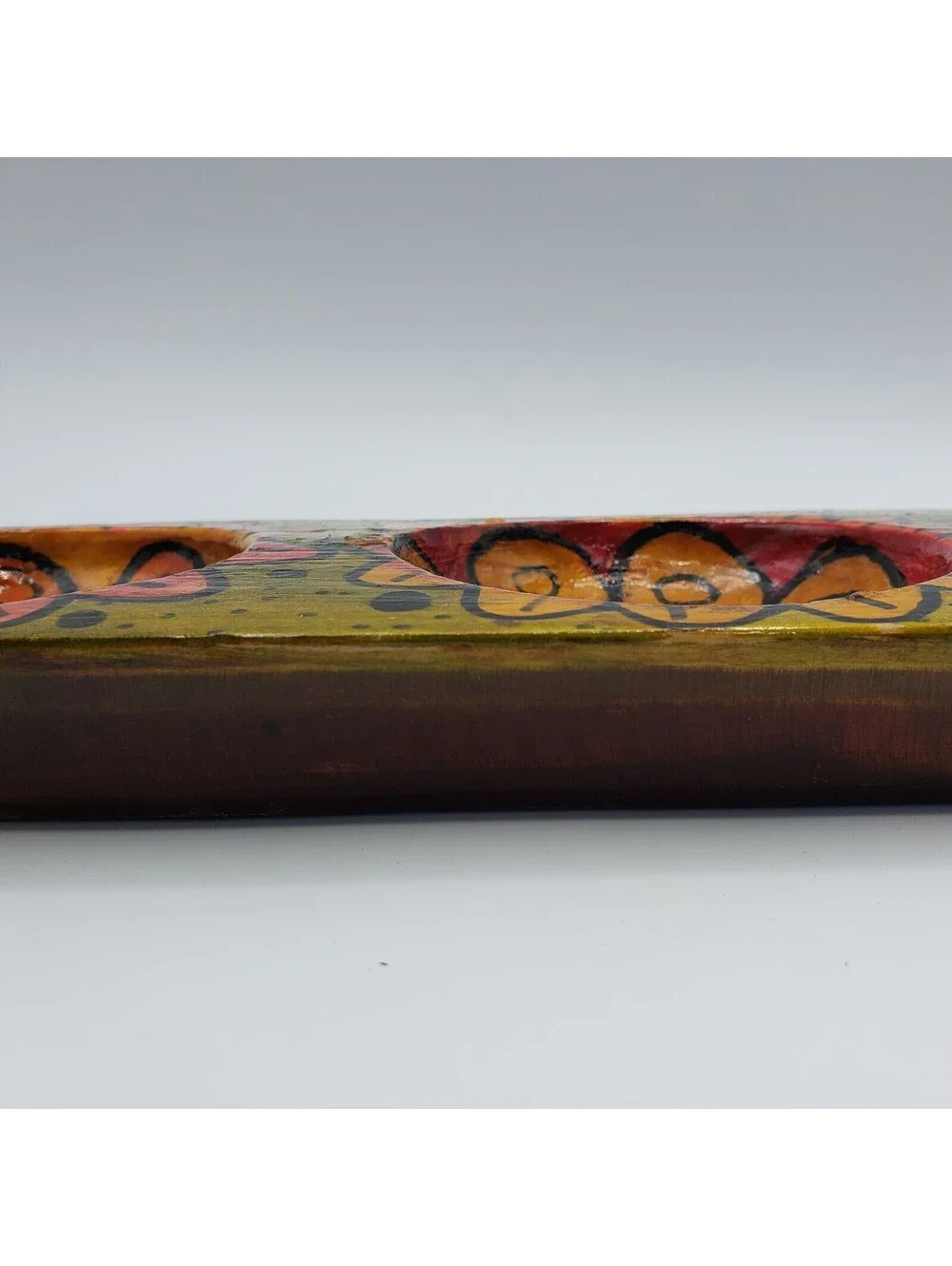 Hand Painted Divided Wood Tray Rectangle 3 Section Floral Boho Votive Holder